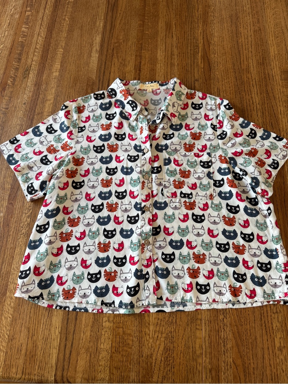 Love Notes Colorful Cat Face Print Button Down Shirt - Size L (100% Rayon)